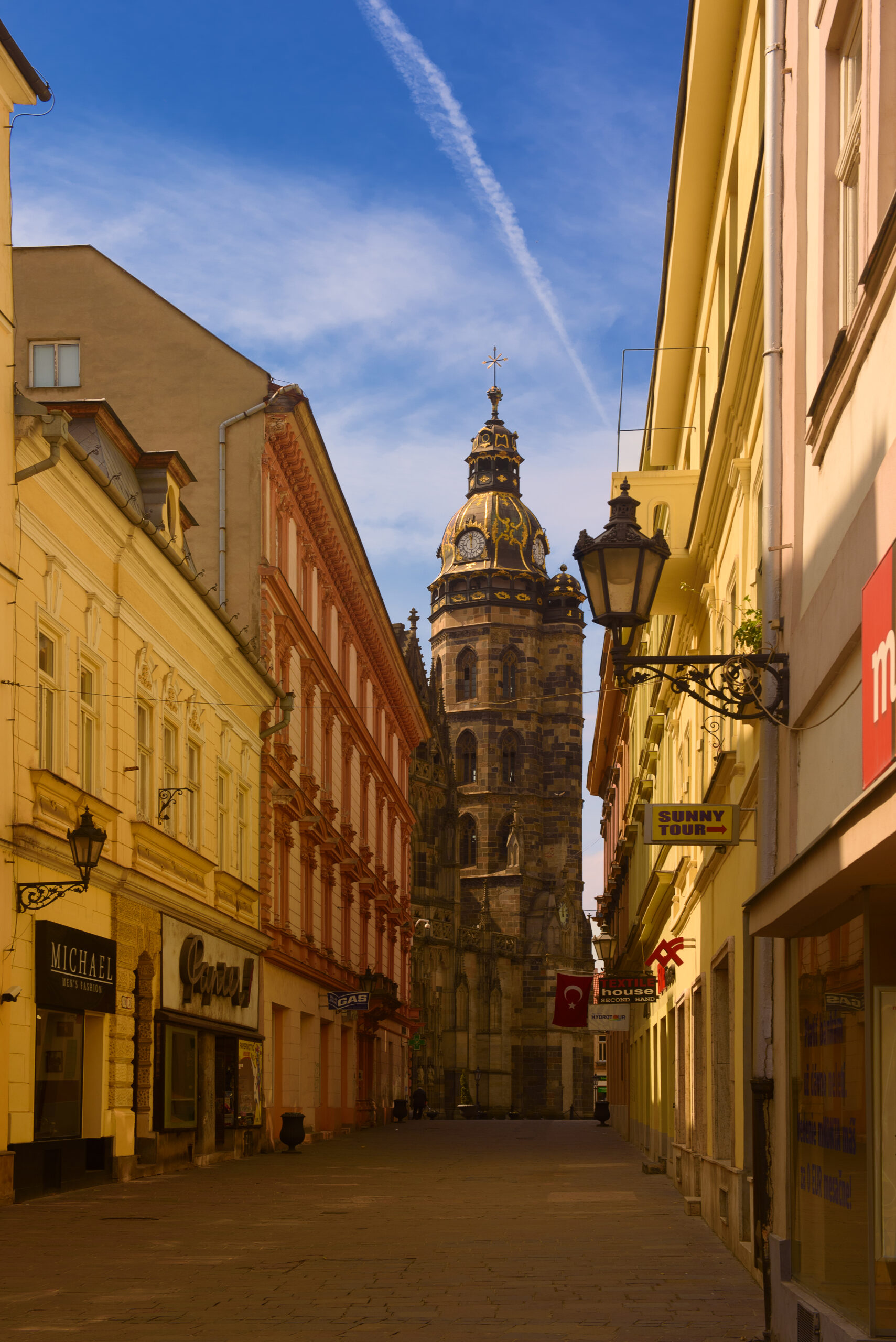 KOSICE, SLOVAKIA - APRIL 15, 2017: Street in the center with the Elisabeth cathedral. Kosice is the 2nd largest city in Slovakia with 555,800 people living in metro area.
