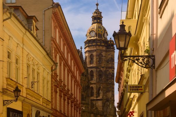 KOSICE, SLOVAKIA - APRIL 15, 2017: Street in the center with the Elisabeth cathedral. Kosice is the 2nd largest city in Slovakia with 555,800 people living in metro area.