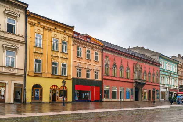 Street with historical houses in Kosice old town, Slovakia